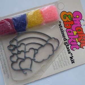 Vintage Makit Bakit 1980's Suncatcher Ornament Kit ~Gift ~ Lisa Frank Style ~ Cloud Rainbow Heart Balloons Pink Yellow Blue