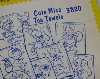 Vintage 90's Aunt Martha's Hot Iron Transfers ~ Cute Mice Tea Towel #3820 Unused - 60's Embroidery Painting Etc ~ Days of the Week ~ Mouse