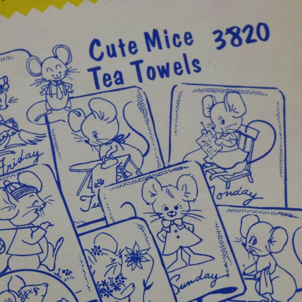 Vintage 90's Aunt Martha's Hot Iron Transfers ~ Cute Mice Tea Towel #3820 Unused - 60's Embroidery Painting Etc ~ Days of the Week ~ Mouse