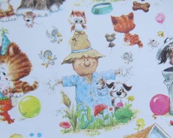 Vintage Gift Wrap Sheet Wrapping Paper ~ Cat Dog Pets ~ Birthday ~ Trash Can ~ Scarecrow ~ Tree Swing ~ Dog House ~ Birds ~ Ducks ~ Cute!