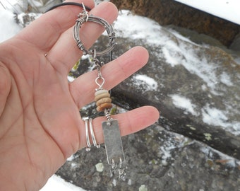 Quirky funky boho long assemblage sterling silver wreath, cairn, and dangle pendant on leather