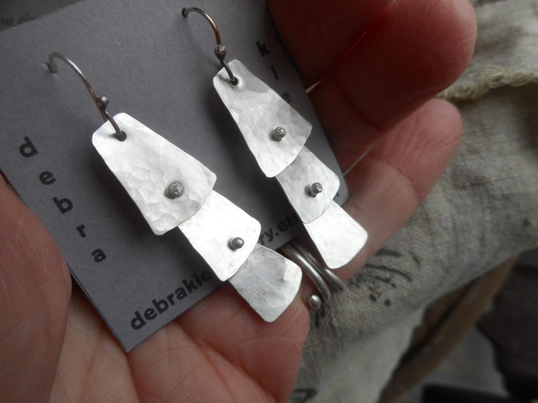 Joined Earring Modern Geometric Three Jointed Joined Sterling Silver Dangle Hammered ...