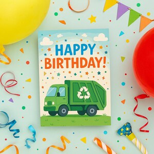 Garbage Truck Birthday Card for Kids Printable Digital Download Trash Truck Party Theme Eco Friendly Recycle Birthday Card for Boys