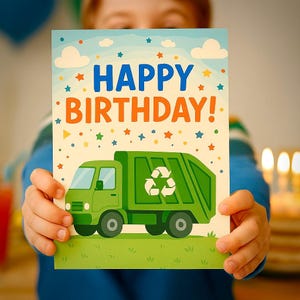 Garbage Truck Birthday Card for Kids Printable Digital Download Trash Truck Party Theme Eco Friendly Recycle Birthday Card for Boys