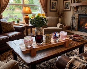 5 glassybaby wood holder. Handcrafted Cherry, Walnut, Maple, and Mahogany hardwoods. 5 slot votive bridge display. Original and baby sized.