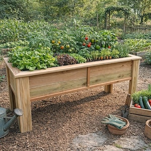 Könnte beinhalten: Ein erhöhter Gartenbeet aus Holz, gefüllt mit verschiedenen Gemüsesorten und Kräutern. Das Beet ist rechteckig, mit einer natürlichen Holzoberfläche und steht auf stabilen Beinen. Eine Metallgießkanne und eine Holzkiste mit frischem Gemüse befinden sich in der Nähe.