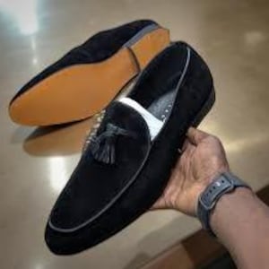New Original Black Suede Leather Men&#39;s Handmade Formal Loafers Shoes