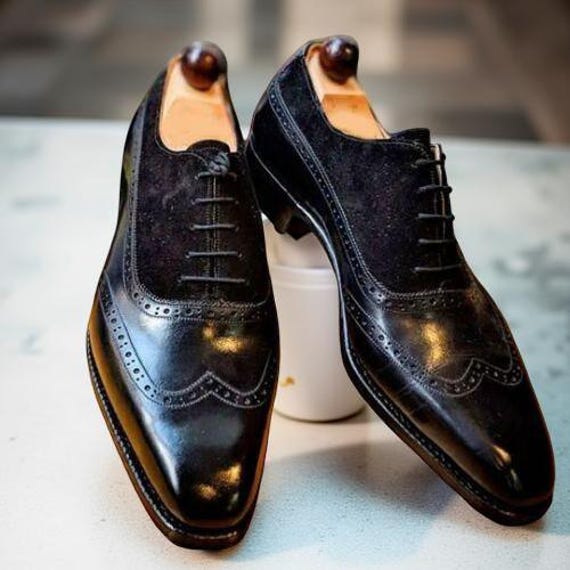 Handmade Men Black Wing Tip Leather Suede Oxford Party Wear  display picture 3
