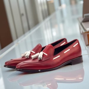 Handmade Red Leather SlipOn Tassel Loafers Dress Shoes for Men