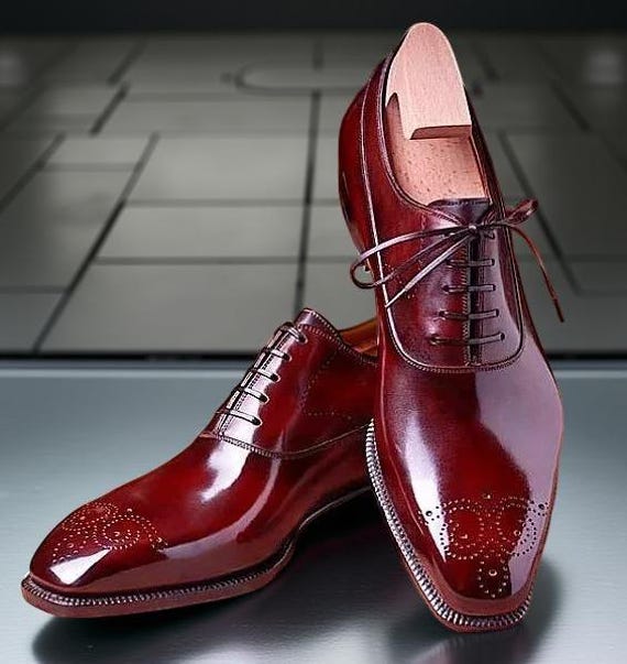 Burgundy Oxford Dress Shoes with Brogue Detailing and Polished Leather Handmade Burgundy Leather Wingtip Brogues: Men main image 4