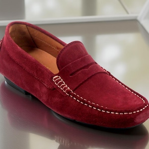 Men&#39;s Handmade Red Suede Leather Penny Loafers Moccasins Shoes