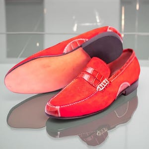 Bespoke Handmade Two Tone Red Suede Moccasin Formal Dress Loafer Shoes For Men