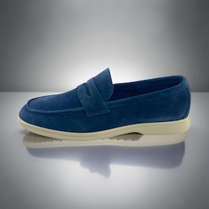 Men&#39;s Handmade Blue Suede Leather Penny Loafer Casual Shoes