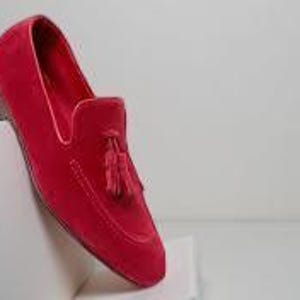 New Men&#39;s Handcrafted Red Suede Leather Slip On Tassel Loafers Casual Dress Shoes