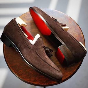 Men&#39;s Handmade Brown Suede Leather Tassel Loafers Casual Shoes