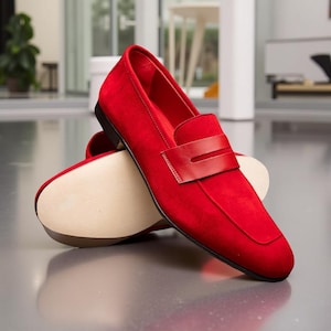 Men&#39;s Red Suede Leather Penny Loafers Casual Shoes
