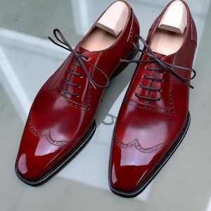 Handcrafted Red Leather Wingtip Oxford Dress Shoes for Men