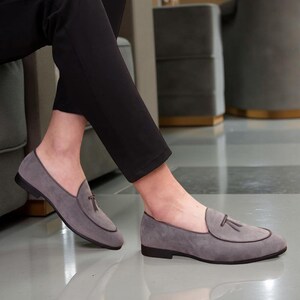 Men&#39;s Handmade Faux Suede Leather Slip on Tassel Loafers Dress Shoes