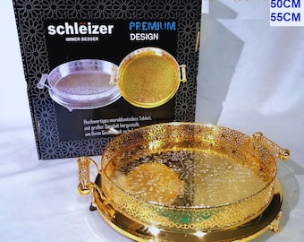 Moroccan Decorative Serving Tray – Gold or Silver – Round Metal Tray for Tea, Coffee or Home Decor – Handmade Decorative Serving Platter.