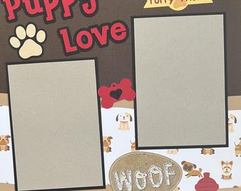 May include: A scrapbook page with a brown background and dog-themed embellishments. The words "Puppy Love" are in red and black. There are two photo frames, paw prints, hearts, and a "Woof" speech bubble. A banner reads "furry friend".