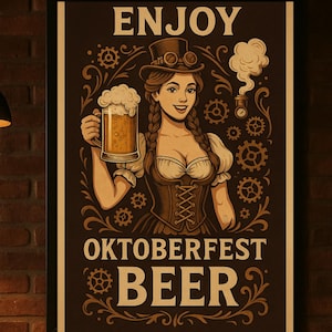 Steampunk Oktoberfest Beer Poster – Printable Barmaid Wall Art