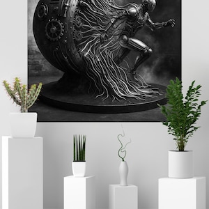 Futuristic Steampunk Robot Wall Art – Black and White Sci-Fi Digital Download | Industrial Cyberpunk Poster