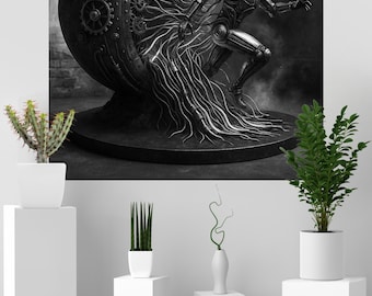 Futuristic Steampunk Robot Wall Art – Black and White Sci-Fi Digital Download | Industrial Cyberpunk Poster