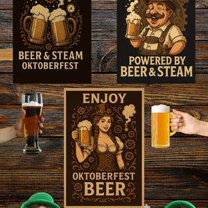 3 Steampunk Oktoberfest Posters – Beer Lover Wall Art Printable Bundle
