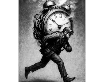 Steampunk Running Man Print | Vintage Clockwork, Industrial Art (12x18)