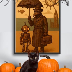 Könnte beinhalten: Gerahmte Illustration im Steampunk-Stil mit einem Pestdoktor mit Regenschirm und einem Roboter, vor einem sepiafarbenen Hintergrund mit einer Uhr und dem Big Ben. Eine schwarze Katze sitzt vor mehreren orangefarbenen Kürbissen, was ein Halloween-Thema ergibt.