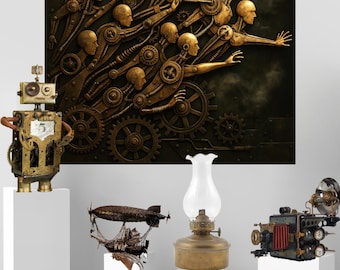 Steampunk Mechanical Figures Wall Art | Industrial Cyberpunk Digital Download | Brass Gear Robot Poster