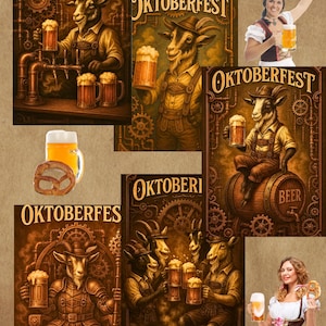 Steampunk Goat Oktoberfest Poster Collection – Bavarian Pub Wall Art – Beer Festival Digital Download – Vintage Victorian Bar Decor Full Set