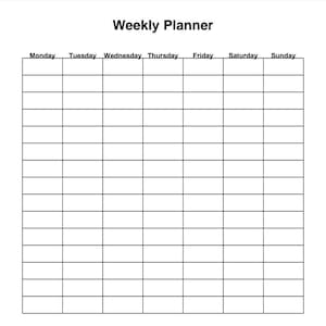 May include: A blank weekly planner with a grid of boxes for each day of the week, Monday to Sunday. The title "Weekly Planner" is at the top in bold black text. The planner is on a white background.
