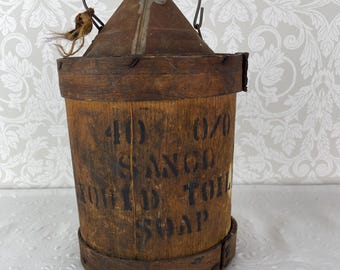 Antique Sanco Soap Jug: Primitive Wood Metal Canteen, Rustic Factory Decor