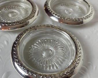Set of 3 Vintage Sterling Silver & Cut Glass Coasters - Mid-Century Starburst Design - 4" Round