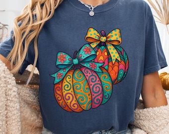 Camiseta con lazo de calabaza pintada de colores, camiseta de otoño