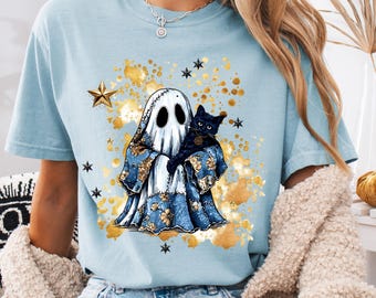 Geister-Katze-Halloween-T-Shirt - Gruseliges T-Shirt, Katzenliebhaber-Outfit