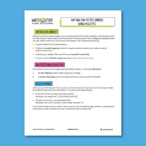 May include: A white paper with text on a blue background. The paper is titled "Why and How to Cite Sources Using MLA Style." The text explains how to cite sources in MLA style, including in-text citations and a works cited page.