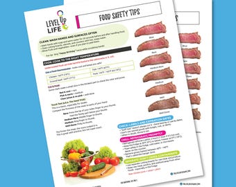 Puede incluir: Dos páginas blancas impresas con consejos de seguridad alimentaria. Una página muestra un diagrama de carne cocida, de azul a muy hecha. La otra página tiene texto sobre limpieza, cocción y manipulación de alimentos. Una foto de verduras está en la parte inferior.