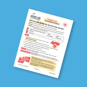 May include: A science fair project sheet titled "Volcano Fury: The Epic Eruption Experiment." The sheet includes instructions to create a foamy eruption using baking soda and vinegar. The sheet is white with colorful illustrations and text on a blue background.