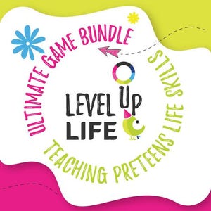 Könnte beinhalten: Ein farbenfrohes Grafikdesign mit dem Text "ULTIMATE GAME BUNDLE" und "LEVEL UP LIFE". Das Design beinhaltet eine Blume, einen Pfeil und einen Cartoon-Vogel mit Partyhut. Der Text "TEACHING PRETEENS LIFE SKILLS" ist ebenfalls enthalten.