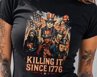 Killing It Since 1776 Summerween shirt, grappig shirt van 4 juli, shirt horrorfilm personages, zomer horror slasher graphic tee