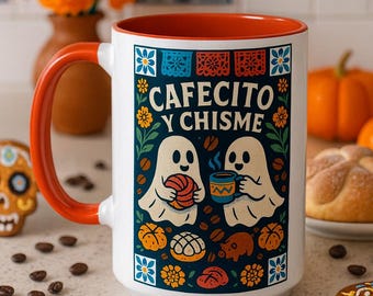 Cafecito y Chisme Mok, Talavera Mexicaanse Tegel Koffiekopje, Halloween Ghosts Pan Dulce Concha Latina, Vakantiecadeau, Kerstkeuken Decor