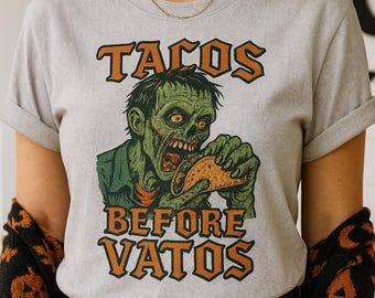 Vintage Halloween Comfort Colors Shirt, Tacos Before Vatos Zombie Shirt, Funny Halloween Shirt, Gothic Mens Graphic Tee, Women’s Goth Tshirt