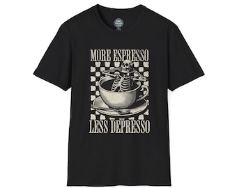 Coffee Lover vintage graphic tee, meer espresso minder depresso T-shirt, grappig shirt, uniseks softstyle top T-shirt, cadeau voor koffieliefhebbers