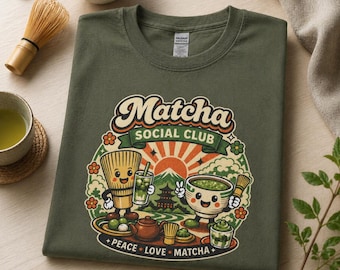 Shirt Matcha Social Club, retro Matcha Lover-T-shirt, grafisch T-shirt groene thee, leuk matcha latte-shirt, cadeau voor theeliefhebbers