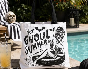 Hot Ghoul-zomerdraagtas, spookachtige zomerstrandtas, halloween-zwembadtas, goth-zomertas, skelet-ee-tas, boerenmarkttas