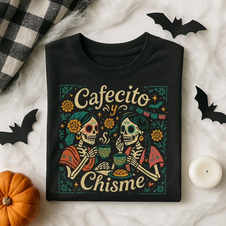 Cafecito y Chisme Shirt, Womens Funny Mexican Shirt for Latina, Halloween Skeleton Dia De Los Muertos Tshirt, Gift for Mom Abuelita — black Comfort Colors–style tee with two calavera amigas sipping cafecito, flowers, papel picado and concha graphic; folded flat lay with ripped black jeans, fall leaves, bat cutout and skull prop; cozy Latina coffee graphic tee for spooky season.