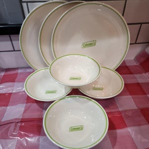 Vintage Coleman Camping Melamine Dish Set Green Stripe on White Plates and Bowls Set of 7 pieces hard plastic Retro Picnic or Cottage Dishes