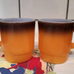 Vintage Fire King Orange Ombre Stackable D Handle Mugs Set of 2 Retro Collectible 1970s Milk Glass by Anchor Hocking